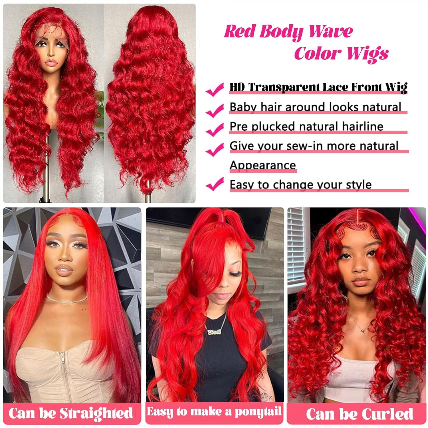 Hot Red Lace Frontal Wig - 32 Inch HD Transparent Lace Front Wigs with Baby Hair - Glueless Human Hair Wig