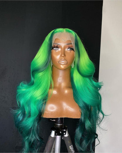 180%Density Highlight Green Wig Ombre Lace Front Wig Human Hair Wigs for Black Women Human Hair Lace Front Loose Body Wave Wig(14Inch, Highlight Green)