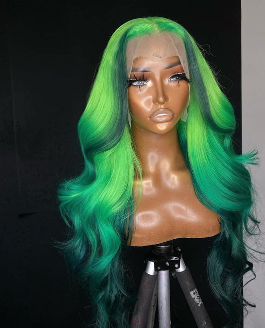 180%Density Highlight Green Wig Ombre Lace Front Wig Human Hair Wigs for Black Women Human Hair Lace Front Loose Body Wave Wig(14Inch, Highlight Green)