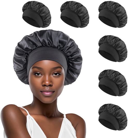 6 Pack Satin Bonnet Hair Bonnet for Sleeping, Sleep Bonnets for Women Large Wide Soft Band Sleep Cap for Curly Hair Braids, Black