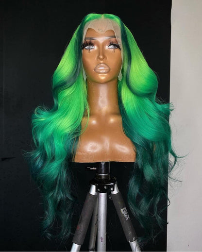 180%Density Highlight Green Wig Ombre Lace Front Wig Human Hair Wigs for Black Women Human Hair Lace Front Loose Body Wave Wig(14Inch, Highlight Green)