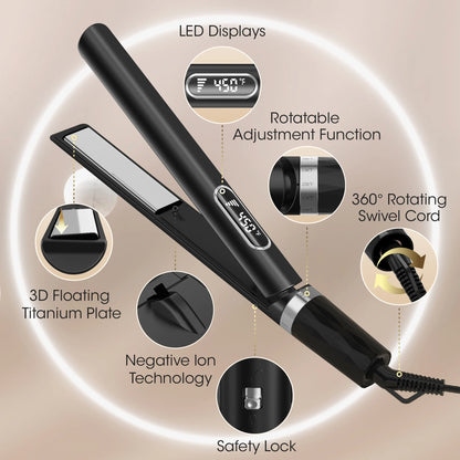 Hair Straightener, 1 Inch Flat Iron Curling, Curling Iron Ceramic, Dual Voltage, Black