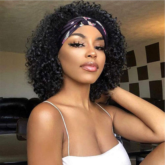 Headband Wig Curly Human Hair Wig for Women None Lace Front Human Hair Wig Brazilian Remy Human Hair Full Machine Made Wig 150% Density 1B (16 Inch, 150%Density)